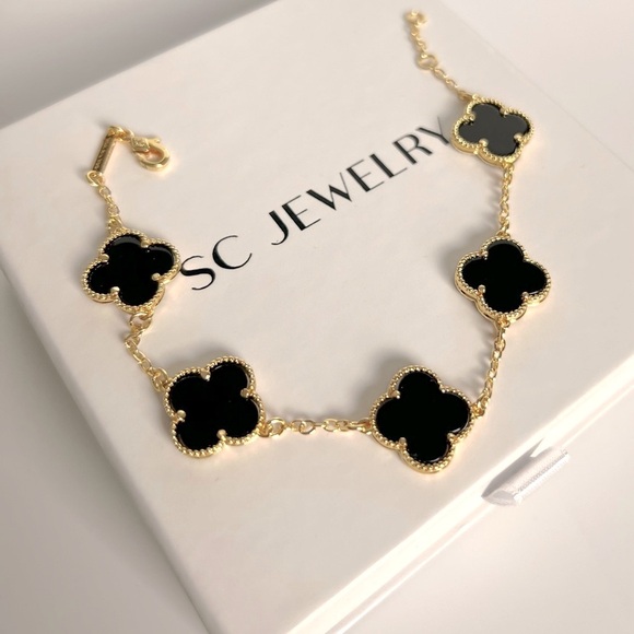 Clover Bracelet Double Sided Black Onyx Stone Luxury Jewelry - Picture 12 of 15